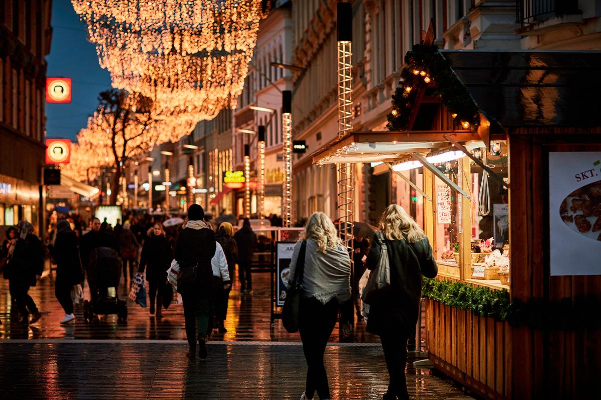 aerial picture of people and lights at Christmas in Odense