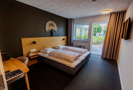 Værelse med dobbeltseng, skrivebord og adgang til terrasse